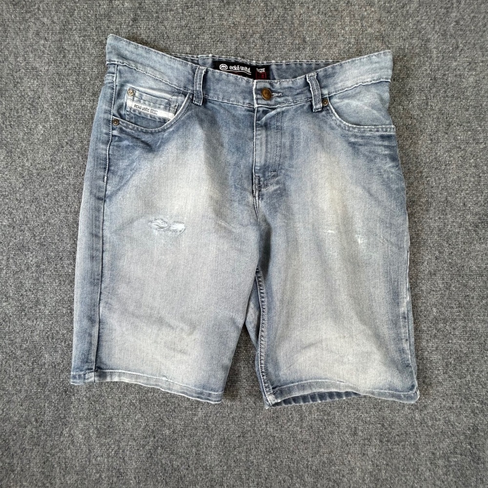 Ecko Unltd Mens‎ Denim Shorts Light Wash Distressed Relaxed Fit Size 34 Blue
